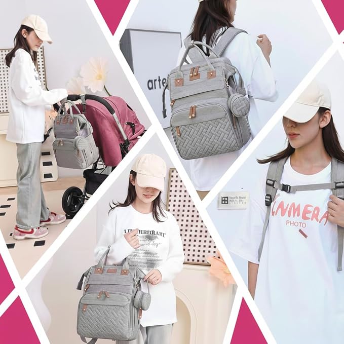 Diaper Bag With Changing Pad, Travel Waterproof Bagpack Diaper Bag For Mom Dad With USB Charging Port, Large Capacity & Multifunctional With Insulated Pacifier Case - Grey