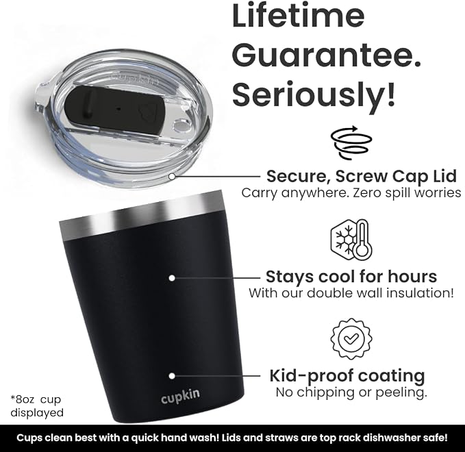CUPKIN Toddler Tumblers, The Original 12 oz Stackable Stainless Steel Cups, Set of 2 Powder Coated Insulated Kids Water Bottle Alternative + BPA Free Lids + Reusable Silicone Straws (Black + White)