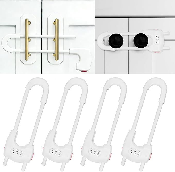 Upgrade 2 Packs Sliding Cabinet Locks, Baby Proofing U-Shaped Child Safety Latches ，Childproof Latches for Knobs, Handles on Kitchen Doors and Home Drawers Closet (White, 2)