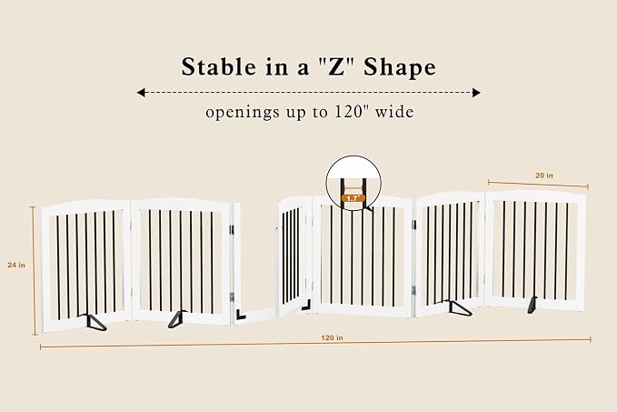 PUPETPO Freestanding Pet Gates with Walk Through Door, Dog Indoor Fence, Dog Gate for The House, Stairs, Extra Wide Pet Gate, Support Feet Included, 120 Inch Wide, 6 Panels 24" Tall, White & Black