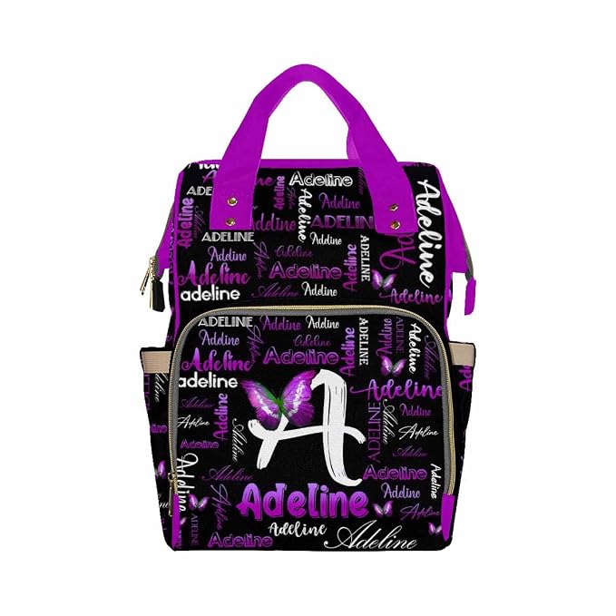 InterestPrint Custom Name Diaper Bag Personalized Purple Butterfly Logo Text Nappy Bags Customized Signature Diapering Bag Casual Daypack Travel Backpack Shoulder Bag for Hiking Camping Work