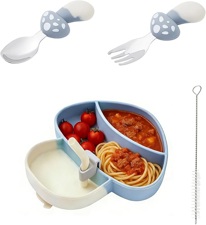 4-Piece Silicone Baby Feeding Set ??Baby Plates with Strong Suction, Toddler Plates Set, Unbreakable Food-Grade Silicone Divided Plate with Spoon, Fork & Straw Brush