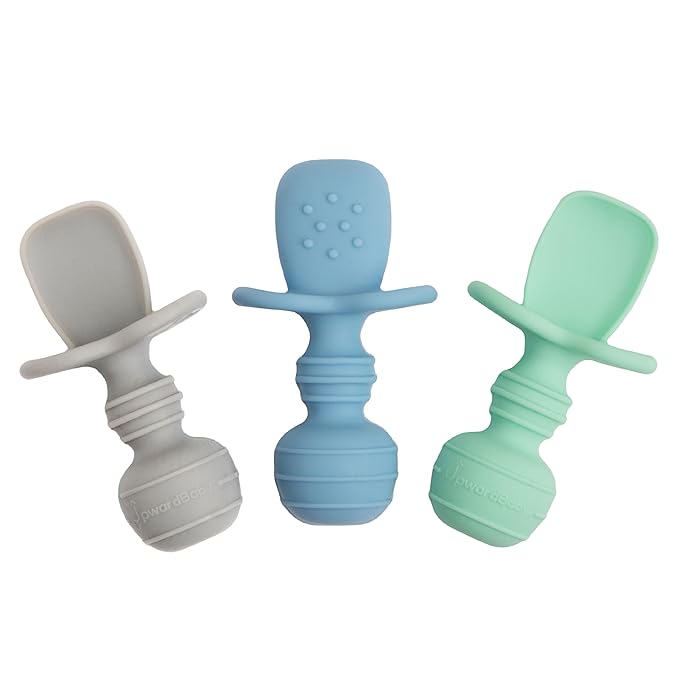 UpwardBaby Self-Feeding Spoon - Anti Choke Barrier - Silicone Baby Spoons Toddler Utensils for Home & Travel, Textured Tips Massage Gums & Baby-Led Weaning (Blue/Gray/Mint)