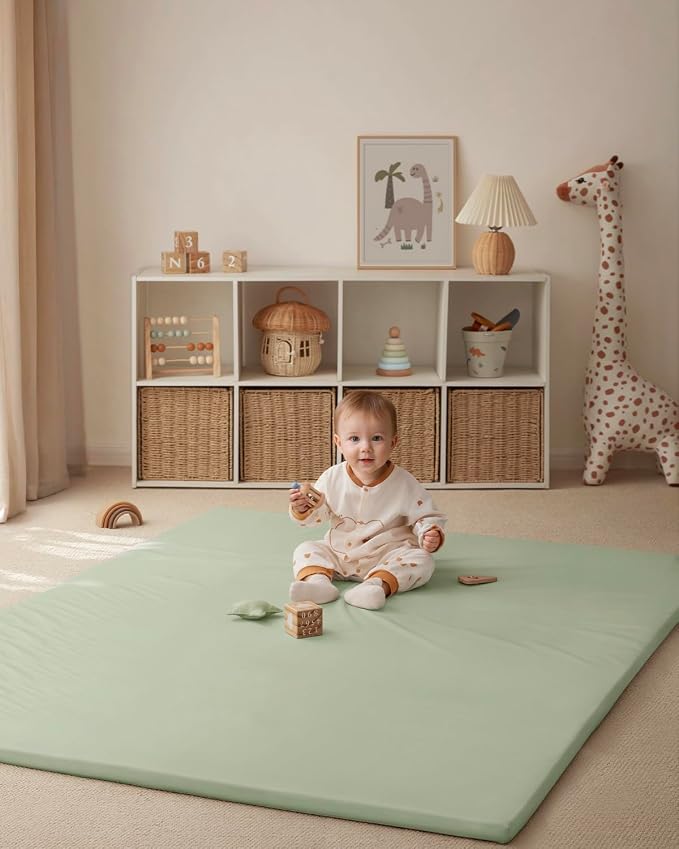 Blissful Diary Vegan Leather Baby Play Mat, 71x59 Thicken Foam Cushioned & Waterproof Playpen Mat for Infants and Toddlers, Stylish and Just Wipe-Clean Playmat for Baby Play on Floor, Light Green