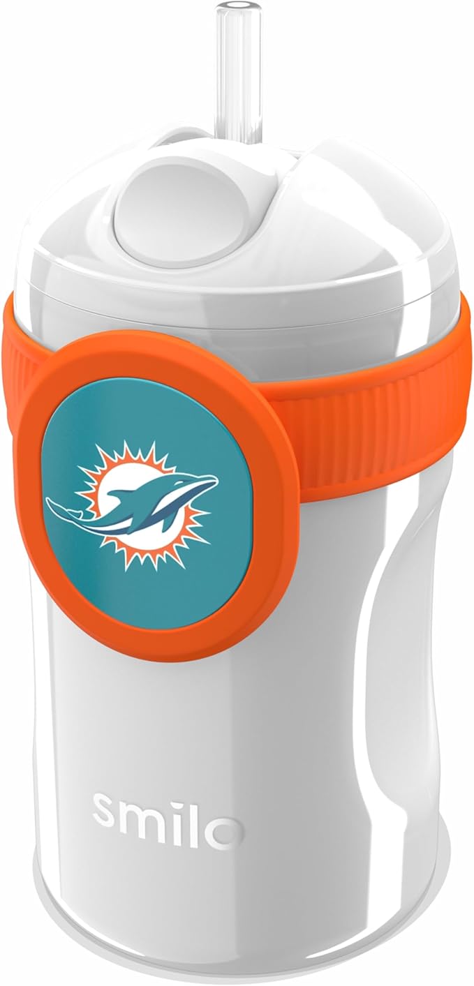 Smilo Straw Cup - Miami Dolphins Officially Licensed NFL Sippy Cup - Baby and Toddler Cup with Weighted Silicone Straw and 8.5 oz Capacity - BPA-Free