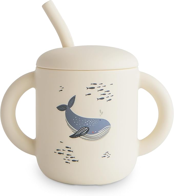 mushie 100% Silicone Training Cup & Straw for Toddlers | 6 Months+ (Whales)