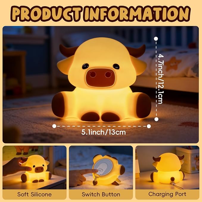 Highland Cow Night Light for Kids, Squishy Touch Control Rechargeable Dimmable Lamp with Timer, Cute Animal Nursery Night Light Boys and Girls Room Decor Gifts