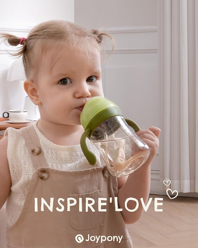 Joypony Sippy Cups for Toddlers 1-3, Spill Proof Weighted Straw Cup with Handle for Baby 6 Months + old, 2 Silicone Straws, PPSU, BPA Free, 9 oz (Green)
