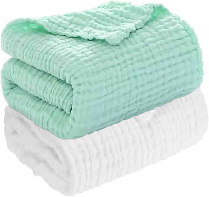 Aablexema Muslin Baby Blanket Set of 2, 6-Layer 43 x 43 Inches Newborn Toddler Bath Towel Swaddle Wrap Blankets for Boys Girls (White&Green)