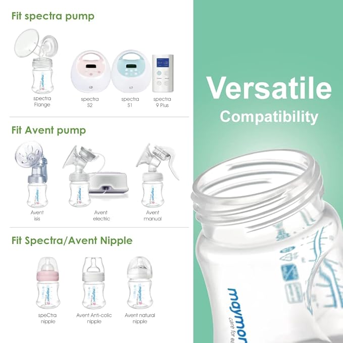 Maymom Wide-Mouth Milk Storage Collection Bottle with Travel Cap and Sealing Ring ; Replacement to Spectra S1 S2 Avent Natural Avent Classic Bottles, Motif Luna, Twist Bottles, Ameda MYA Bottle; 4pc