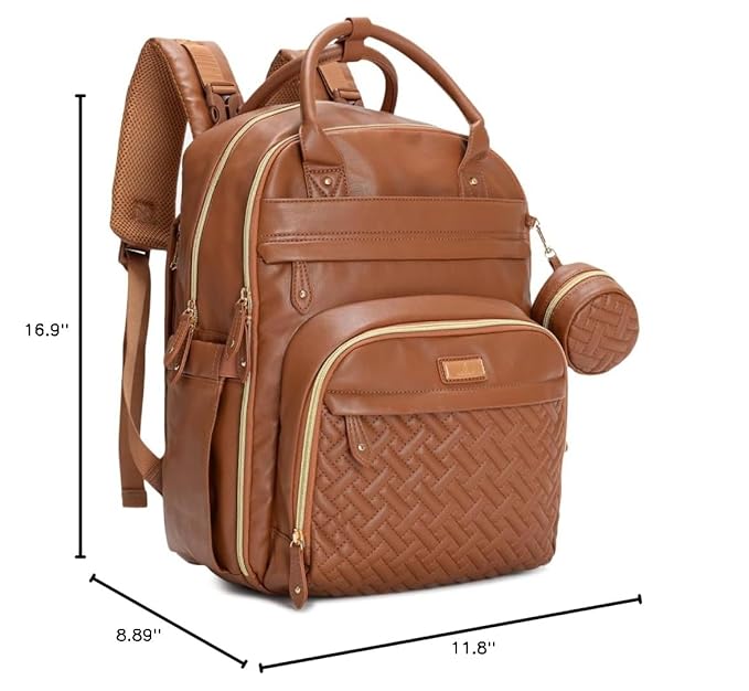BabbleRoo Leather Diaper Bag Backpack - Baby Essentials Travel Baby Bag, Multi function, Water Resistant, with Changing Pad, Stroller Straps & Pacifier Case ??Unisex, Natural Brown