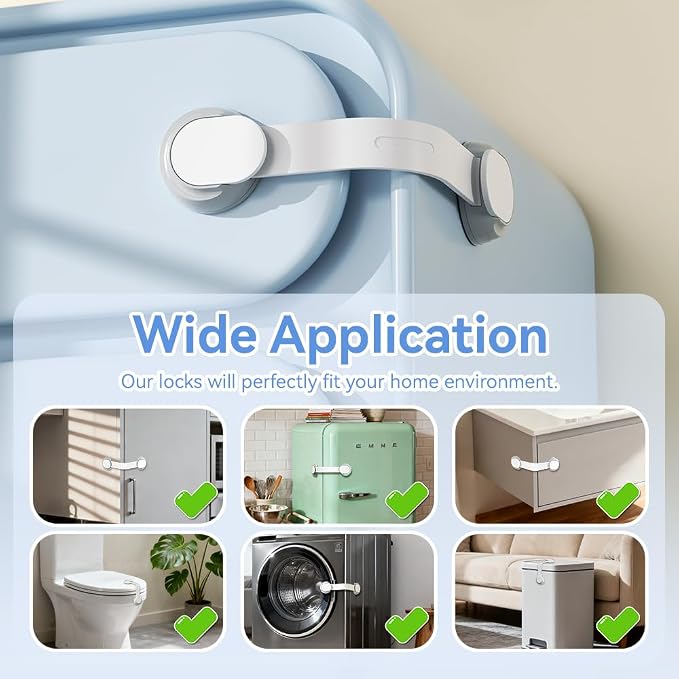 SAFELON 6 PCS Child Safety Locks, Cupboards Straps Locks, Baby Safety Drawer Locks, Childproof Locks for Cabinets, Kitchen, Toilets, Cupboard, Easy Install, No Tools Needed (White)