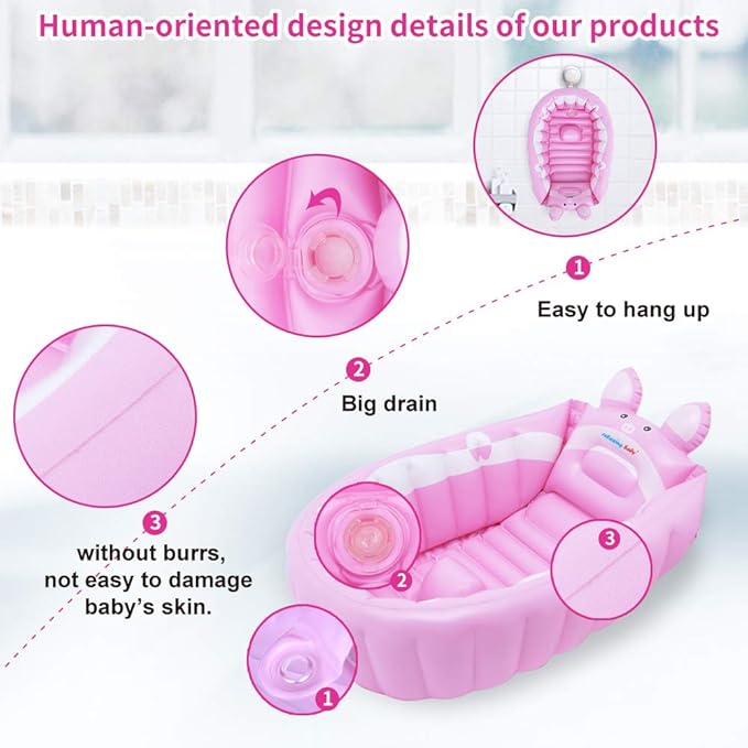Inflatable Baby Bathtub,Newborn to Toddler Bath Tub with Built-in Air Pump,Portable Travel Shower Basin with Back Support,Foldable Toddler Tub Shower for Kids 0-6 Months(Pink)