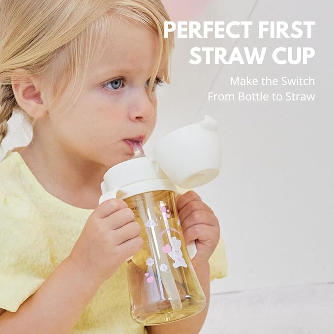 GROSMIMI x KNOTTED Flip Top Spill Proof Sippy Cup, PPSU, BPA Free, Stage 2 Straw for Toddlers (Cream bunny 10oz)