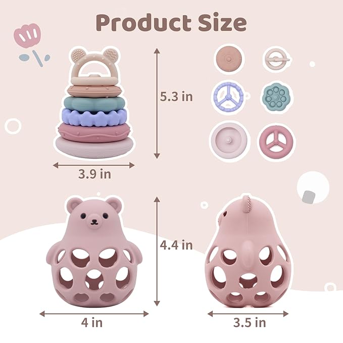 Baby Bear Teething & Stacking Toy Set - Teething Toys Silicone Teethers, Soft Baby Stacker Rings Teether, Learning Toy Gift for Boys and Girls 6+ Months (Pink)