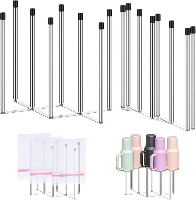 2 Pcs Foldable Bottle Drying Rack Stainless Steel Plastic Bag Drying Racks with Silicone Caps 8 Poles Space-Saving Countertop Organizer Dryer Rack for Cup Water Bottles Dish Plate Bag