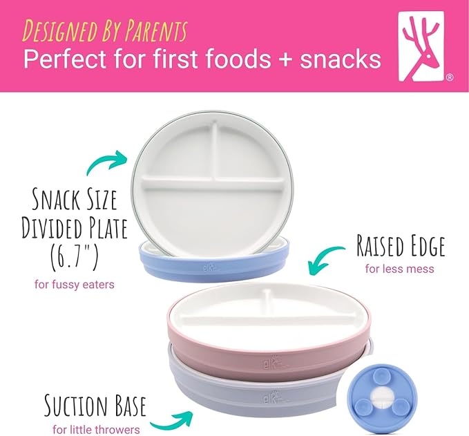 Elk and Friends Kids 6.7??Porcelain Divided Plates with Silicone Suction Sleeves | Suitable for Babies/Kids/Toddlers | Microwave & Dishwasher Safe | Non Slip | Snack Dishes | 4 Pack