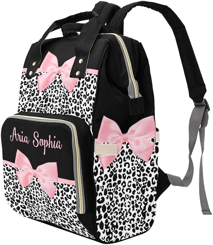 Personalized Diaper Backpack Pink Bow Leopard Print Multi Function Diaper Bag Travel Daypack Nursing Nappy Bag