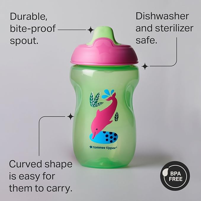 Tommee Tippee Sippee Cup, 9m+, 10oz, Pack of 3 Non-Spill Water Bottles for Toddlers, Red, Purple and Green, Bite-Resistant Spout, Easy to Hold, Leak-Proof and BPA Free
