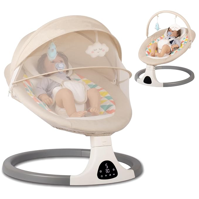 JFOVMCYG Electric Baby Swing for Infants 0-9 Months, Portable Infant Swing with 5 Speeds, Bluetooth Audio, Remote Control, USB Power Cable & Adapter Included, Lvory White, Up to 20 lbs