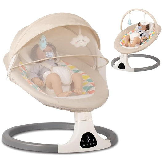JFOVMCYG Electric Baby Swing for Infants 0-9 Months, Portable Infant Swing with 5 Speeds, Bluetooth Audio, Remote Control, USB Power Cable & Adapter Included, Lvory White, Up to 20 lbs