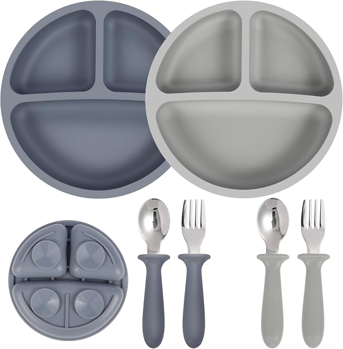 Eascrozn Toddler Utensils, 2 Pack Silicone Divided Suction Plates for Baby, 2 Pack Toddler Forks and Spoons Set, BPA Free, Baby Led Weaning Feeding Supplies, Microwave and Dishwasher Safe