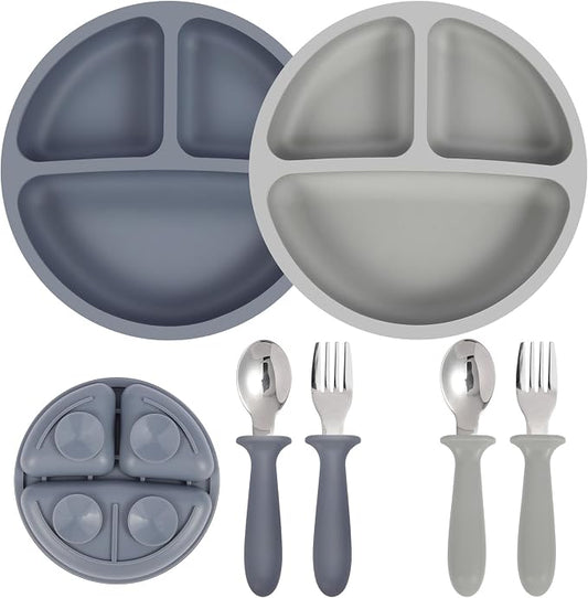 Eascrozn Toddler Utensils, 2 Pack Silicone Divided Suction Plates for Baby, 2 Pack Toddler Forks and Spoons Set, BPA Free, Baby Led Weaning Feeding Supplies, Microwave and Dishwasher Safe