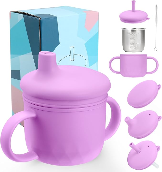 Mity rain 3-In-1 Stainless Steel Sippy Cup for 6+ Month Old, Baby Straw Cups for Toddlers 1-3 with Travel Lid, Silicone Straw, Replacement Straw & Cleaning Brush - 8oz Toddler Cups Spill Proof Set