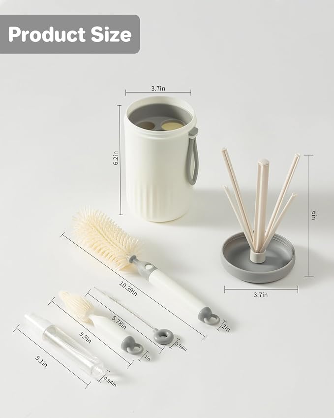 Ariseno Travel Bottle Cleaner Kit, 6-in-1 Baby Bottle Brush with Silicone Bottle Brush, Nipple Brush, Straw Brush, Drying Rack, Dispenser, Organizer, Baby Travel Essential, Gifts for New Mom - Grey