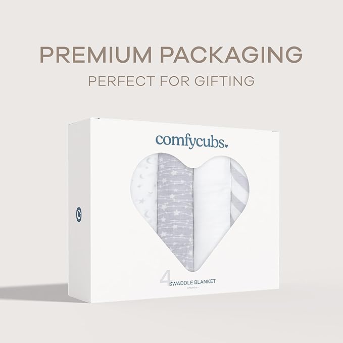 Comfy Cubs Muslin Swaddle Blankets Pack of 4, 47 x 47 Inches, Soft Cotton Baby Blanket Set, Large Multipurpose Swaddling Wraps for Newborns - Self-Soothing Swaddle - Grey