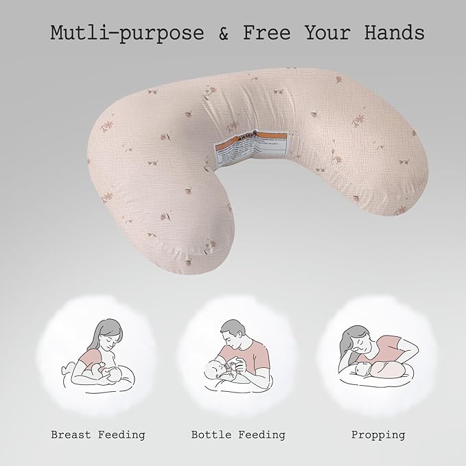 Little Grape Land Muslin Nursing Pillow, Soft 100% Cotton Breastfeeding Pillow with Breathable Cotton Removable Cover, Fog Flower Breast Feeding Pillows for Babies 0-12 Months with Protective Zipper