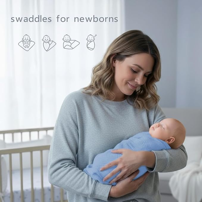 Muslin Swaddle Blankets for Baby Boy - 3 Pack 47x47 Inch Large Receiving Blankets, Soft Breathable Cotton Nursery Swaddles for Newborns, Infant & Todler, Blue
