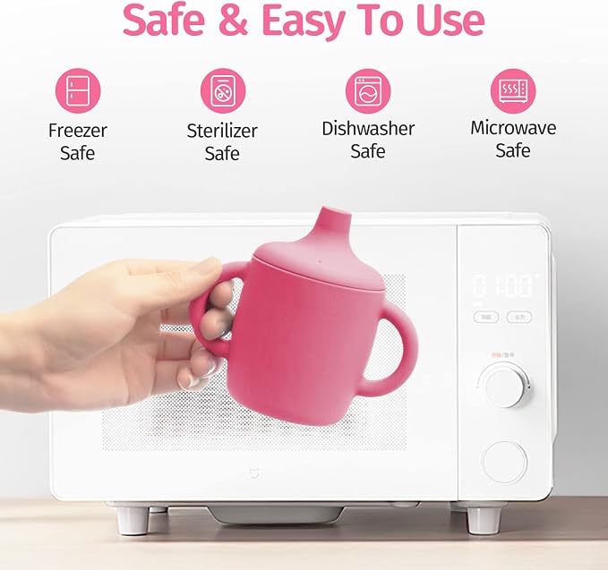 8 Oz Silicone No Spill Sippy Cups For Toddlers and Babies | Dishwasher and Microwave Safe | 2 Pack (Pink/Gray)