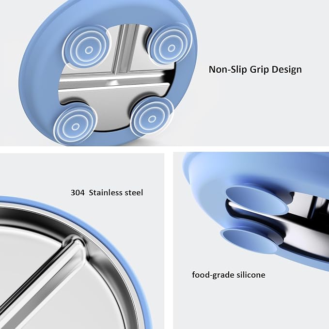 Bakpoco Stainless Steel Suction Plates for Toddlers, 8" Divided Kids Baby Plates with Removable Silicone Suction, Non Toxic Non Slip Portion Control Snack Dishes 3 Packs, Blue Gray Navy