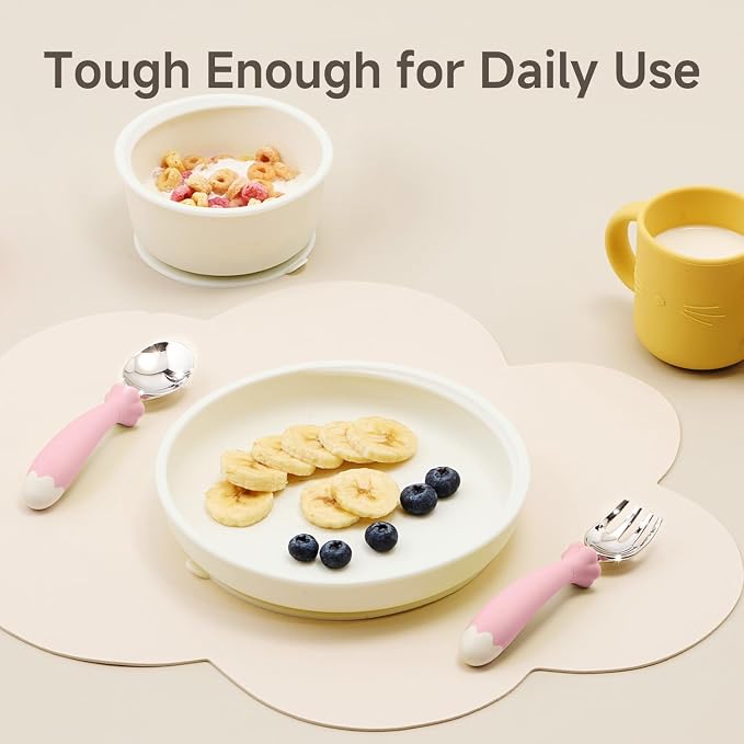 KINGSTONE Toddler Utensils with Case, Kids Silverware Set with Silicone Handles, 18/10 Stainless Steel Children Safe Forks and Spoons, Travel Carrying Cases BPA Free, Dishwasher Safe (pink)
