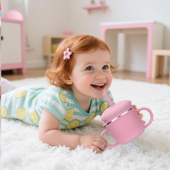 BUSOHA Stainless Steel Toddler Sippy Cup ??8oz Spill-Proof Straw Cup for 6+ Month Babies & Toddlers, 3-in-1 Reusable Travel Cup with Brush ??Dishwasher Safe, Kids Drinking Cup, Pink