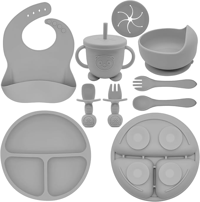 Silicone Baby Feeding Set | Baby Led Weaning Supplies Includes Suction Bowls and Divided Plates, Adjustable Bib, Baby Utensils Spoons and Forks,Cup | Baby Feeding Essentials (Grey)