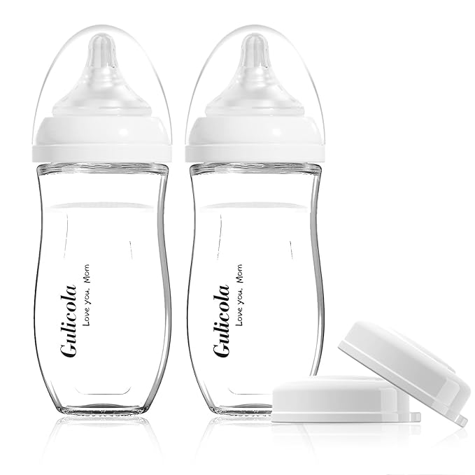 Gulicola Natural Glass Baby Bottle for Breastfed Babies, Anti-Colic Baby Bottle Set with Medium Flow Nipple, 3 Months +, 8 oz, 2 Pack - White