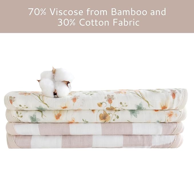 LifeTree Muslin Baby Burp Cloths - Soft 2 Pack Viscose Bamboo Cotton Large 22'' by 10.6'' Absorbent Milk Spit Up Rags - Burping Cloths for Newborn, Girls Boy (Floral & Checkerboard)