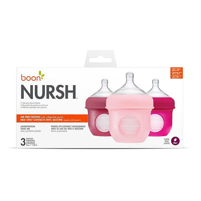 Boon Nursh Reusable Silicone Pouch Baby Bottles - Slow Flow Nipple - Silicone Baby Bottle Pouch and Nipple - Baby Feeding Essentials - Pink - 0-3 Months - 3 Count - 4 Ounce
