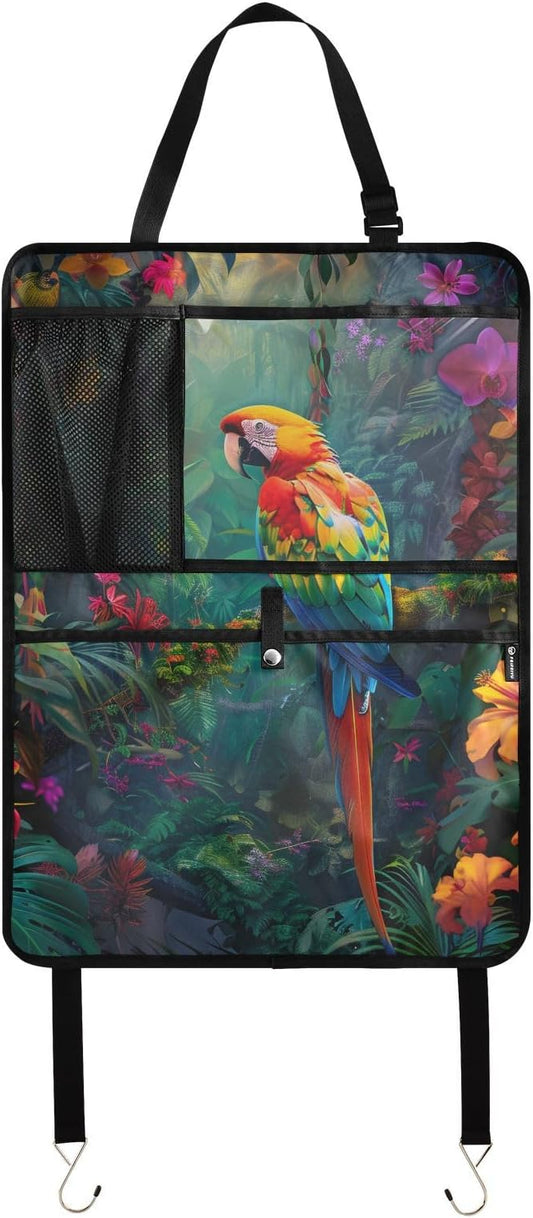 JIPONI Car Backseat Organizer, Parrot Macaw Tropical Automotive Back Seat Protector, Kick Mats with Storage Pockets for Kids Pets, Road Trip Accessories