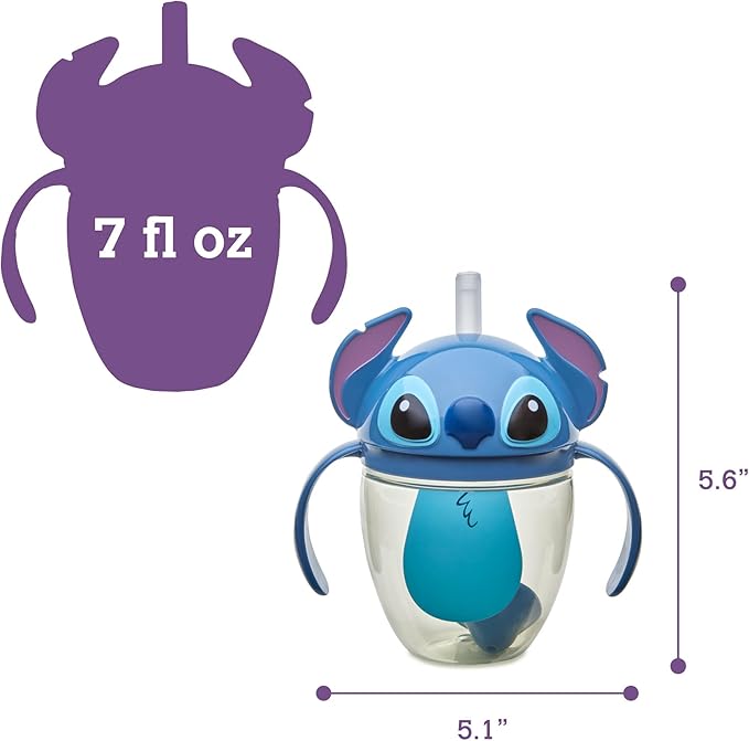 The First Years Disney Lilo & Stitch Weighted Straw Cup - Spill Proof Toddler Straw Cups with Flip Top Cover - Transition Sippy Cup - Toddler Feeding Supplies - 7 Oz - Ages 6 Months and Up