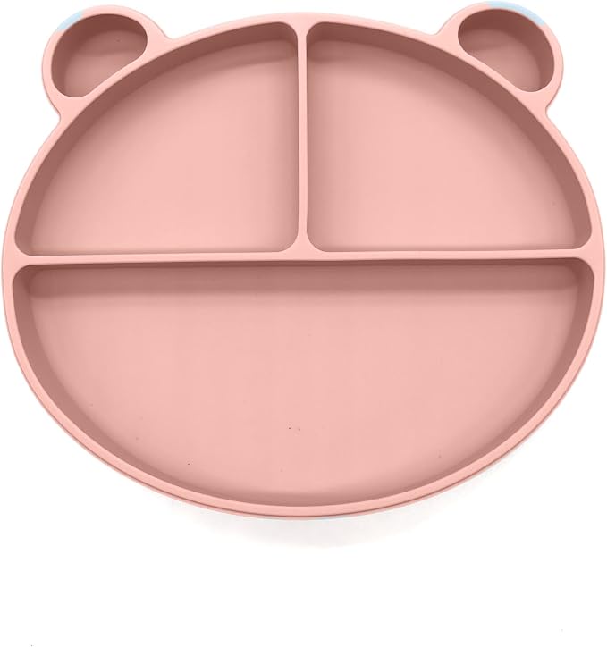 Silicone Baby Feeding Set, Toddler Feeding Set With Divided Suction Plate Bowl Spoons Forks Sippy Cup Adjustable Bib Non Slip Mat, Baby Eating Utensils, Bear Shape, 7-Piece, (Dark Pink)