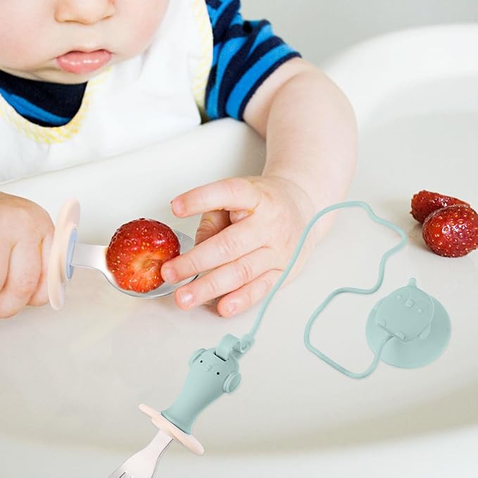 Vaguelly Baby Training Spoon Fork Set with Silicone Anti-Loss Chain and Suction Cup Holder for Highchair Utensils Accessories