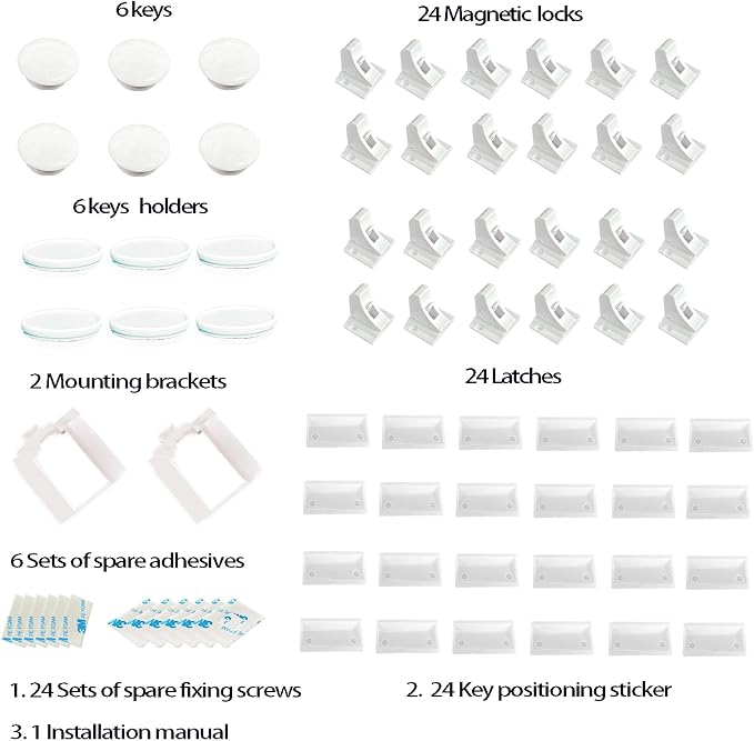 Magnetic Cabinet Locks Baby Proofing (24 Locks + 6 Keys) - Baby Latches for Cabinets, Suitable for Kitchens Cabinets, Drawer and Dresser - No Drilling Required, Adhesive Installation