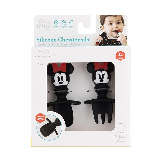 Bumkins Disney Baby Utensils Set, Chewtensils Silicone Spoons for Dipping, Self-Feeding, Baby Led Weaning, Trainer Learning, First Stage Eating, Soft Fork and Spoon, Babies 6 Months, Minnie Mouse