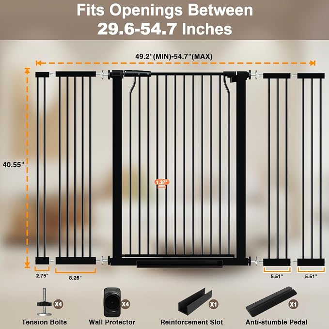 40.55" Extra Tall Baby Gate, 49.2-54.7 in Wide, No Drilling, Pressure Mounted Child Safety Gate with Door, Black
