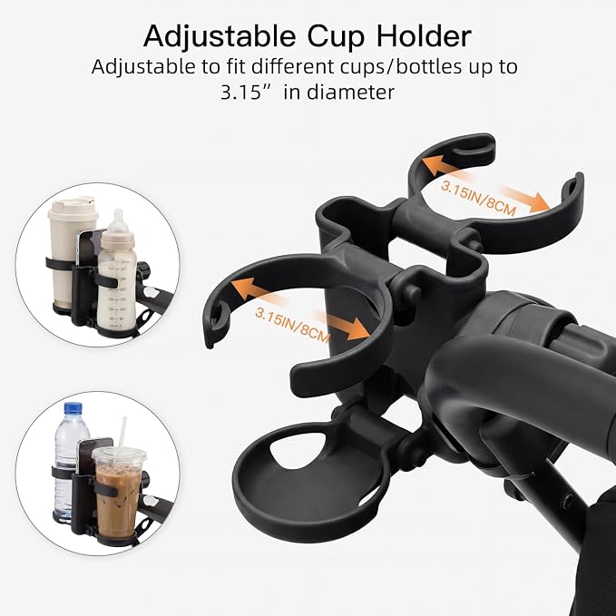 Gromast 3 in 1 Foldable Stroller Cup Holder with Phone Holder, 360° Rotatable Bottle Holder, Universal Cup Holder for Baby Stroller, Tricycle - Black
