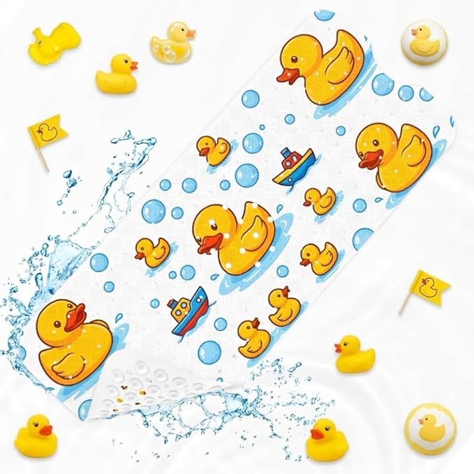 Rubber Duck Yellow Bathtub Shower Mat Nautical Cute Non-Slip Tub Extra Long Bath Floor 40X16 Inch Machine Washable for Bathroom Tub Bath Mat for Toddler and Baby