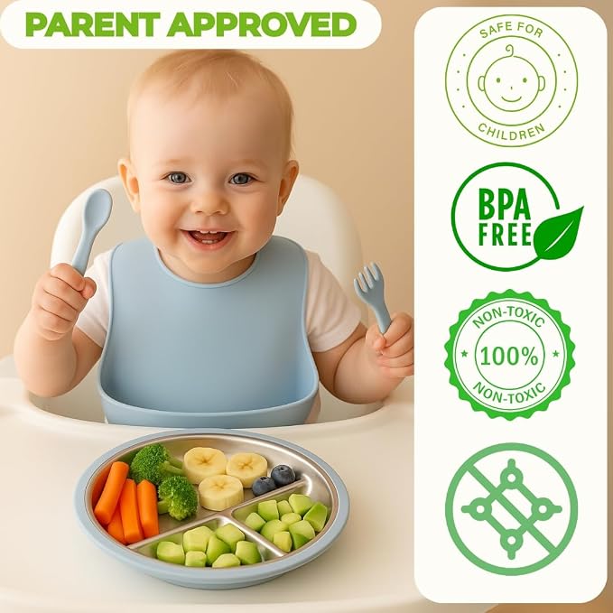 Stainless Steel Baby & Toddler Plate with Suction, Set of 2 Divided Plates with Removable Silicone Sleeves, Non Toxic BPA Free Non-Slip Unbreakable Kids Dishes (Butter Yellow & Baby Blue)